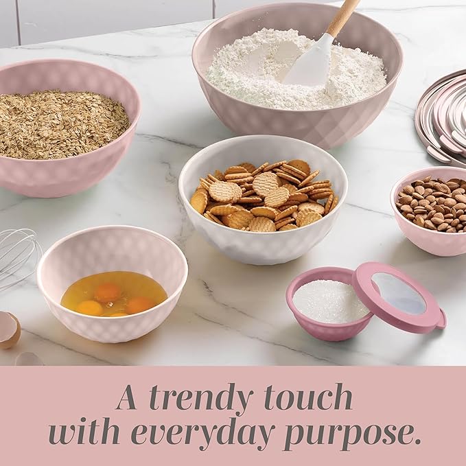 COOK WITH COLOR Mixing Bowls with Lids - 12 Piece Plastic Nesting Bowls Set includes 6 Prep Bowls and 6 Lids, Diamond Design - Microwave Safe, Pink