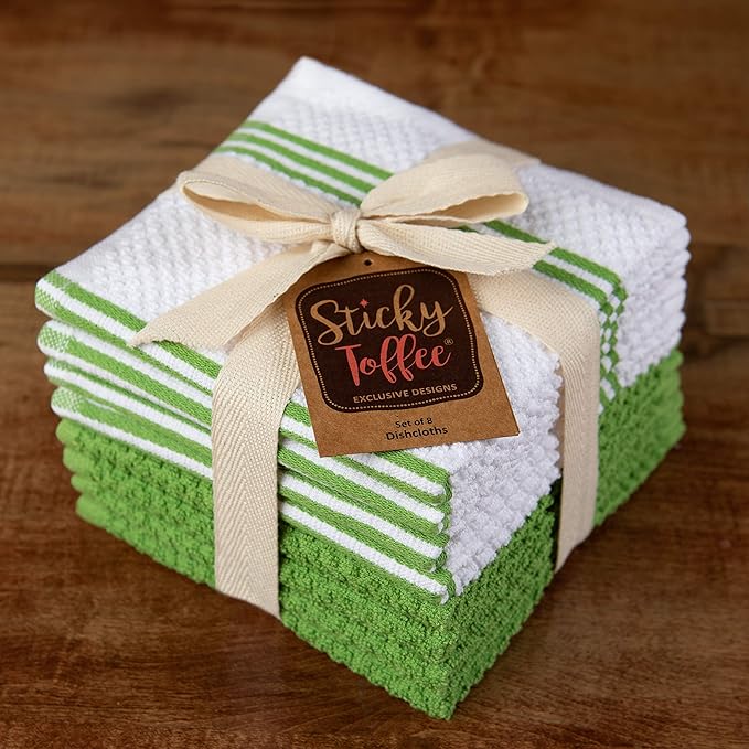 Sticky Toffee Cotton Dishcloths Set of 8 – Green and White Dish Towels 12x12 in, Reusable and Absorbent Tea Towels for Cleaning or Drying, Oeko-Tex Cotton
