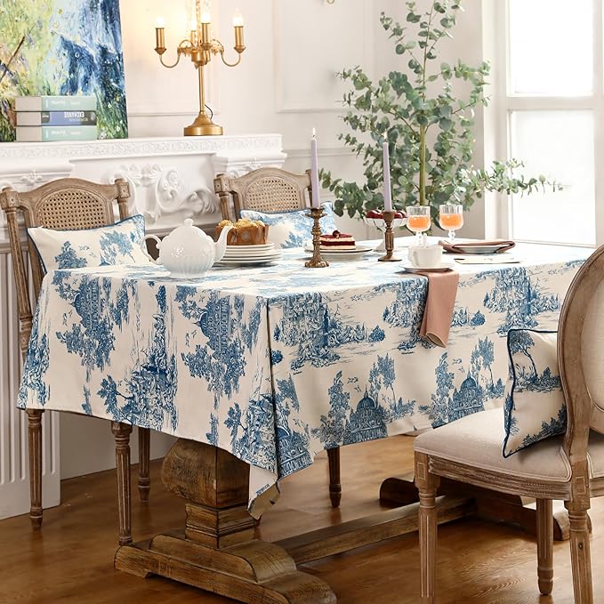 patdrea Designer Cyan Tablecloth for Rectangle Tables,Vintage Linen with Ancient Castle and Manor Pattern Tablecloths,Elegant Table Cover Cloth Decor for Kitchen Dining Christmas,63"*102"