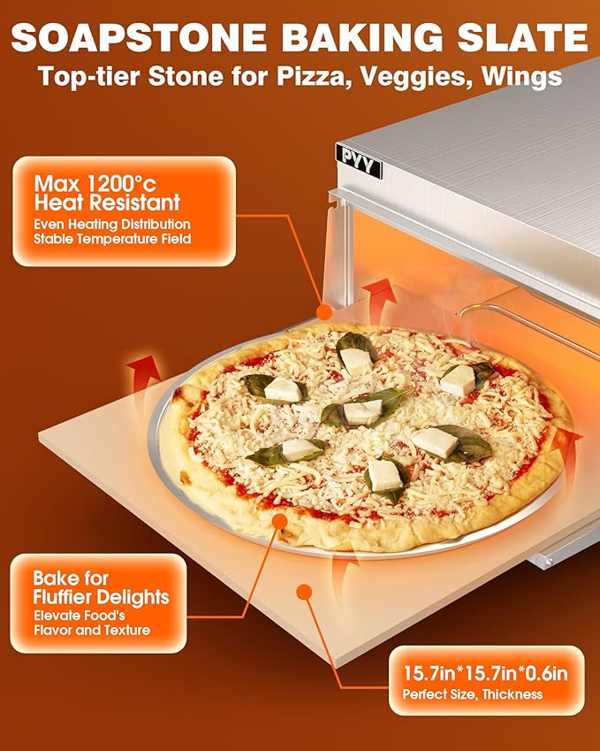 PYY Electric Pizza Oven - Indoor Countertop Pizza Ovens with Visual Window, 14 Inch 1800W Commercial Pizza Cooker with Pizza Stone and Timer, Silver