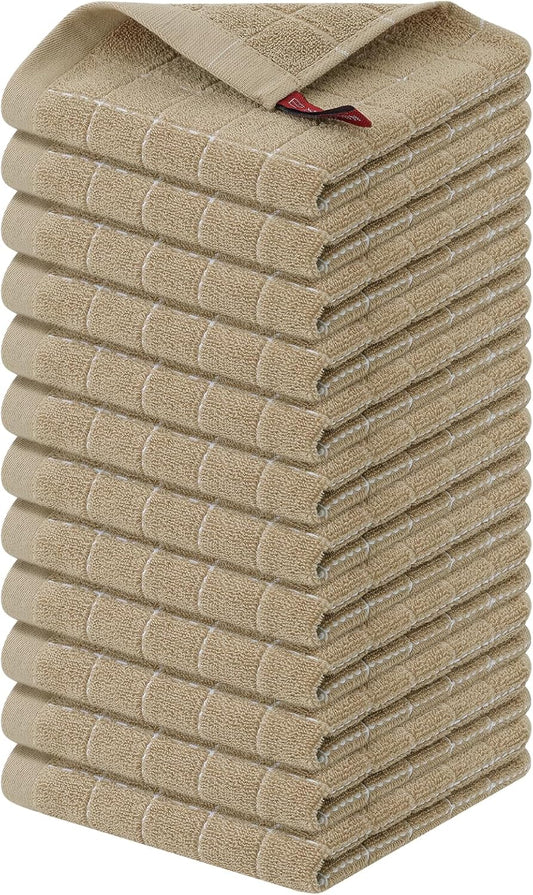 Homaxy 100% Cotton Terry Kitchen Dish Cloths, Ultra Soft and Absorbent Dish Towels for Kitchen, Perfect for Drying and Washing Dishes, 12 Pack, 12 x 12 Inches, Tan