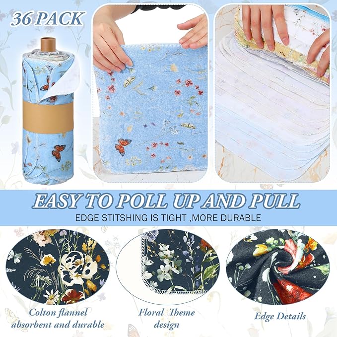 36 Pack Reusable Cleaning Cloths Washable Cotton Kitchen Dish Towels for Home Christmas Party Supplies Bulk, 9.84x11.81in (Rich Flowers)