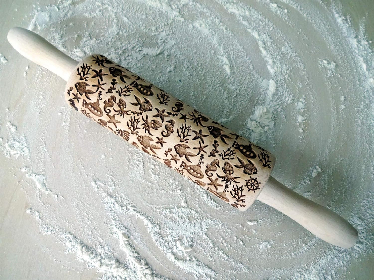 DEEP OCEAN EMBOSSING ROLLING PIN LASER ENGRAVED WITH DEEP OCEAN SYMBOLS GIFT FOR FRIEND