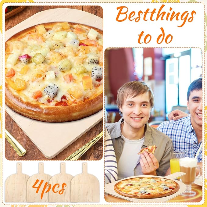 4 Pcs Wooden Pizza Peel 12 Inch, Large Wooden Pizza Spatula Paddle with Wood Handle, Natural Cutting Board Pie Platters for Restaurant Baking Homemade Bread Cutting Fruit Vegetables Cheese