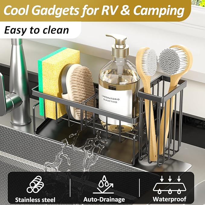 Sponge Holder & Sink Caddy Organizer - Rustproof Kitchen Sink Organizer with High Brush Holder - Kitchen Essentials Countertop Storage Organization (Black)