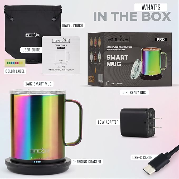 SMLDR Pro Heated Mug, 14 oz Smart Mug, Self-Heating, Adjustable Temperature, Battery Powered Heated Coffee Mug, Quick Recharge Time, Great for Coffee & Tea, Excellent Gift (Rainbow)