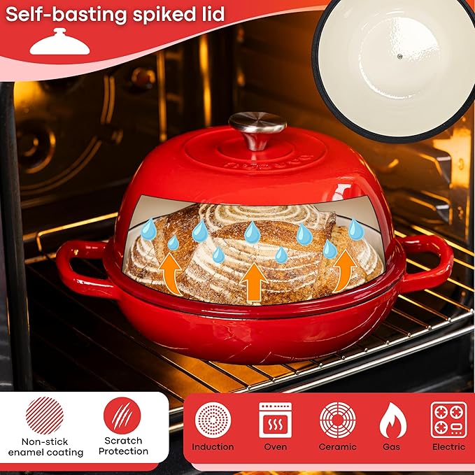 Enamelled Cast Iron Dutch Oven Pot – Dutch Oven For Sourdough Bread Baking – Cast Iron Bread Pot – Red, 6 Quarts, 26cm – by Nuovva