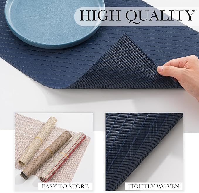 BACKTOEDEN Placemats Set of 6 Heat Resistant Washable Wipeable Placemat Woven Non-Slip Foldable Vinyl/Plastic Place Mats Indoor/Outdoor Mat Kitchen Dining Table Pad, Royal Blue Twill