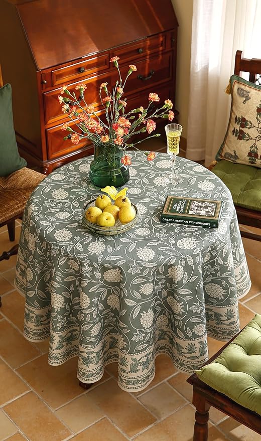 Grayish Green Tablecloth for Round Tables,Linen Table Cloth with Light White Flowers Pattern,Heavy Durable Table Cover for Dining Thanksgiving Kitchen Decor Party Christmas,Diameter 55"