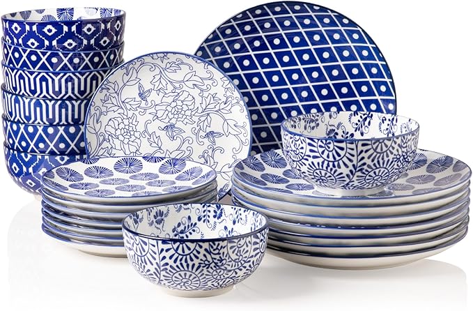 Sweejar 24 Pieces Ceramic Dinnerware Sets, Handmade Plates and Bowls Sets, Highly Scratch Resistant Dishes Set for Kitchen,Porcelain Dishwasher & Microwave Safe Dishes Set,Service for 8 (Vintage Blue)