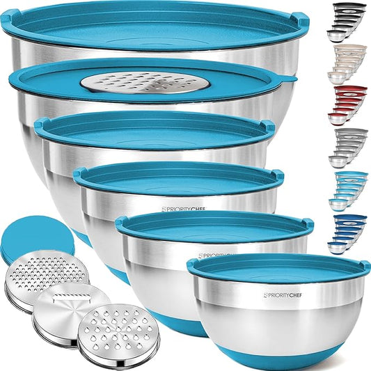 Priority Chef 6Pc Large Mixing Bowls With Lids Set with Non-Slip Bases, Stainless Steel Mixing Bowl Set, 6 Airtight Lids and 3 Graters, Turquoise