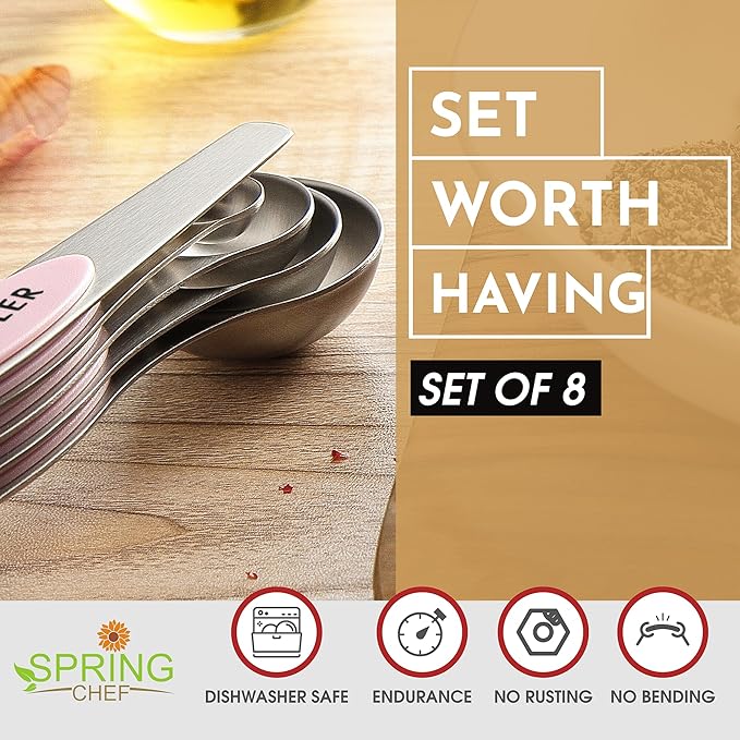 Spring Chef Stainless Steel Magnetic Measuring Spoons Set of 8 with Leveler, Dual Sided Teaspoon & Tablespoon Measuring Spoons with Strong Magnets, Kitchen Gadgets for Baking & Cooking - Pink Lemonade