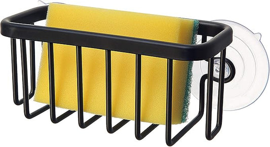 SunnyPoint NeverRust Kitchen & Bathroom Sink Caddy for Sponges, Scrubbers, Soap, 6" x 2.5" x 2.75", with Adhesive Mount - Additional Suction Cup Included –Aluminum (Black)