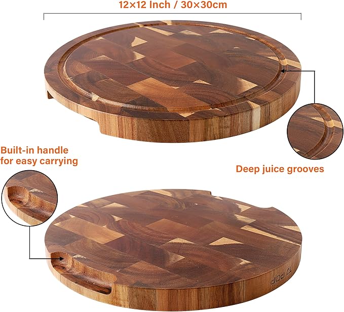 End Grain Butcher Block Round 12 IN, Premium Acacia Wood Cutting Board with Juice Groove, TJ POP Medium Chopping Board for Kitchen, 1 IN Thick