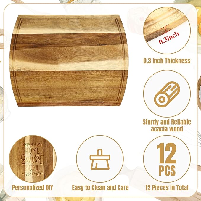 Patelai 12 Pack Large Cutting Boards Bulk Wooden Kitchen Chopping Boards for Crafts DIY Wedding Housewarming Gift(Acacia,12 x 9 Inch)
