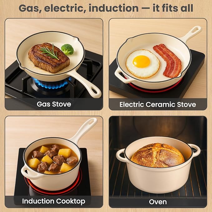 QuliMetal Enameled Cast Iron Cookware Set, 5 Pcs Pots and Pans with Lid, Skillet, Frying Pan, Saucepan & Dutch Oven for All Stovetops, PFA Free - Ideal for Sourdough Bread Baking