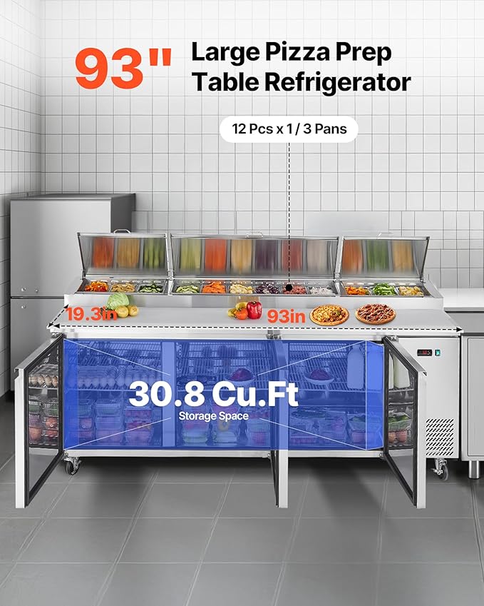 VEVOR 93"W Commercial Refrigerator, Pizza Prep Refrigerated Table, 19.3" Ultra Wide Countertop Food Prep Cooler, 30.8 Cu.Ft Single Door Salad Prep Fridge, 12 Pans Pizza Make Worktop with Cutting Board