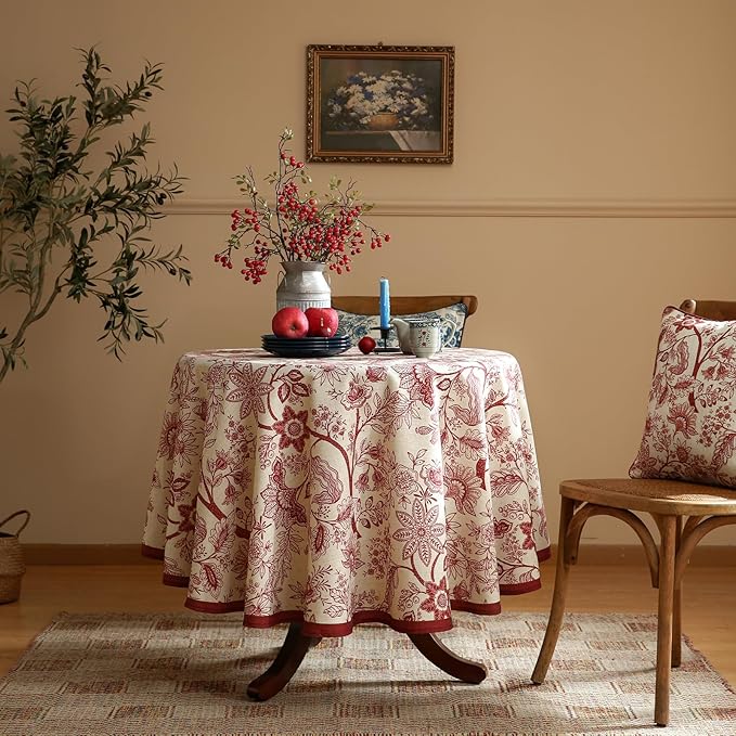 French Tablecloth for Round Tables,Linen Table Cloth with Red Flowers Pattern,Heavy Durable Table Cover for Dining Thanksgiving Kitchen Decor Party Christmas, Diameter 55"