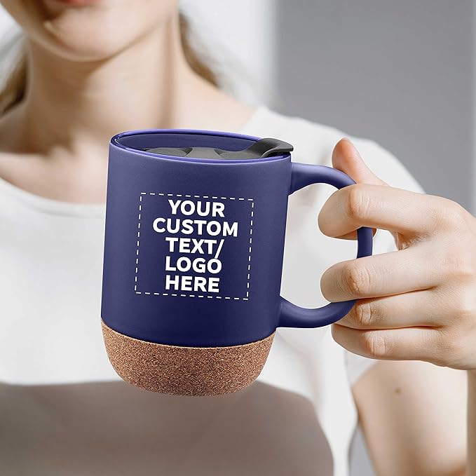 Custom Barista Ceramic Mugs with Cork Bottom 13 oz. Set of 36, Personalized Bulk Pack - Perfect for Coffee, Tea, Espresso, Hot Cocoa, Other Beverages - Blue