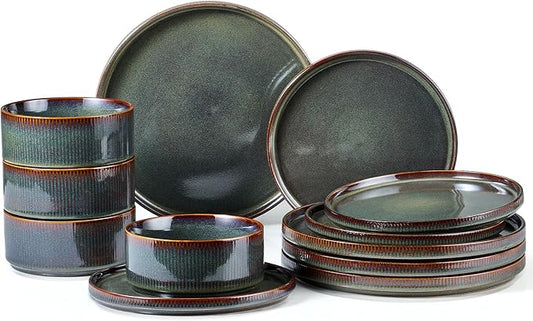E-far 12-Piece Plates and Bowls Sets, Stoneware Dinnerware Dishes Sets for 4, Kitchen Modern Dining Dishware, Chip & Scratch Resistant, Microwave & Dishwasher Safe, Blackish Green