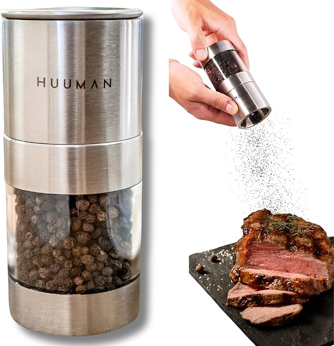 Huuman Salt or Pepper Grinder with Adjustable Coarseness Ceramic Burr, Stainless Steel Manual Salt or Pepper Grinder Perfect for Pink Himalayan Salt, Table Salt, Peppercorns, and Black or White Pepper