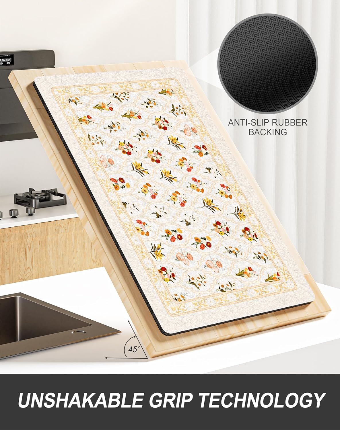 Rnivvi Dish Drying Mat for Kitchen Counter, 12 x 19" Cute Flower Theme Super Absorbent Draining Pad, Non-Slip Heat Resistant Coffee Bar Mat for Coffee Machine Station Accessories, Beige Dish Rack Pad