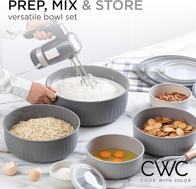 COOK WITH COLOR Prep Bowls with Lids- Wide and Deep Nesting Plastic Small Mixing Bowl Set with Lids, 12 Piece Set - Wide Bowls, Gray
