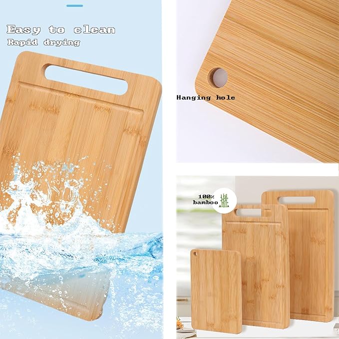 Bamboo Cutting Board Non-Toxic Durable Wooden Cutting Boards for Kitchen with single Sided Deep Juice Grooves Wide Handle Ideal Charcuterie Chopping Board for Meat Vegetables and Fruits【(S+M+L)】