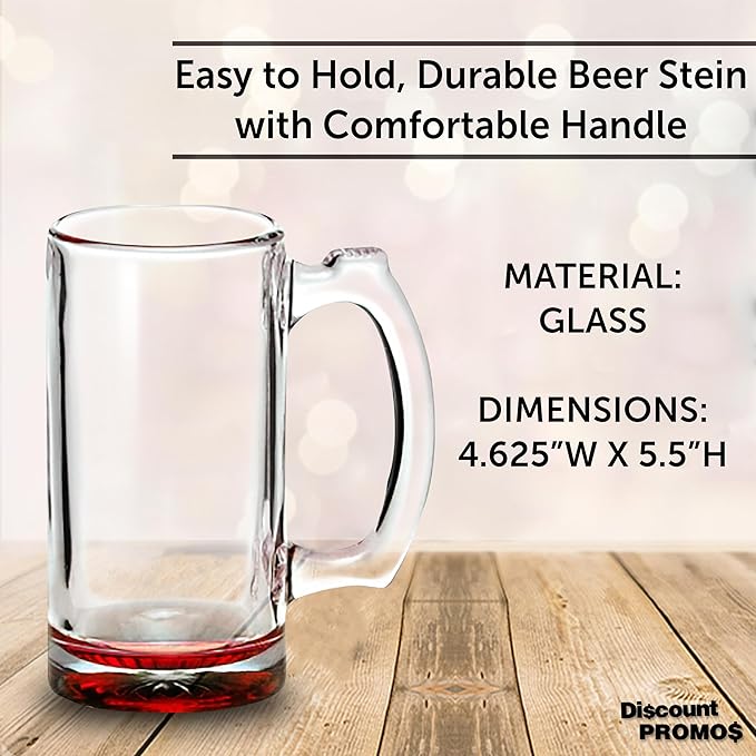 12 Libbey Beer Mugs Set, 12 oz. - Groomsmen Glassware - Red