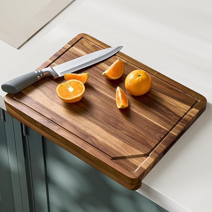 Teak Wood Cutting Board with Lip - 16” x 12” Wooden Chopping Boards for Kitchen - Serving Platter, Pastry Board, Wooden Cutting Board with Counter Lip, Handles - Teak, Juice Groove, Removable