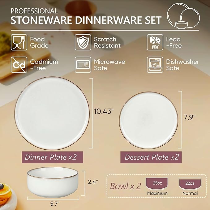 Herogo 6 Pieces Stoneware Dinnerware Dishes Set for 2, Kitchen Handmade Dining Plates and Bowls Sets, Double Reactive Glaze, Microwave & Dishwasher Safe, Scratch Resistant, Ivory White