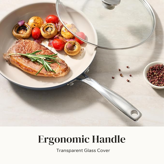 Redchef Nonstick Cookware Sets, Ceramic Frying Pan Set with Tempered Glass Lids, Non Stick Cooking Set, Dishwasher & Oven Safe, Induction Safe, Compatible with All Cooktops, Blue (8", 9.5", 11")