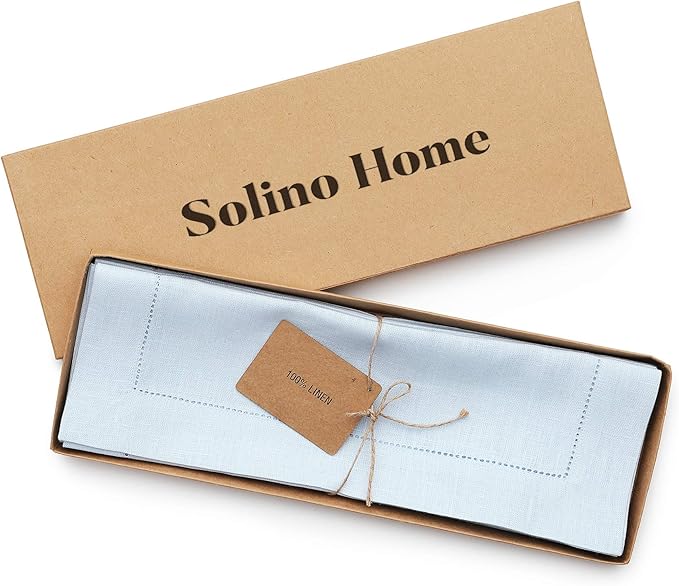 Solino Home Linen Placemats Set of 4 - Classic Hemstitch Light Blue Placemats 14 x 19 Inch - 100% Pure Linen Table Mats for Christmas, Winter