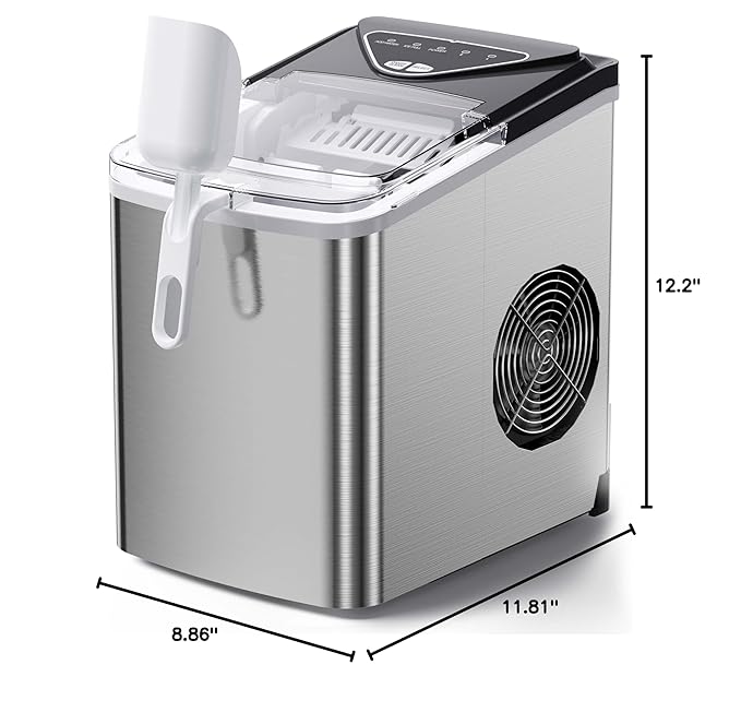 Silonn Countertop Ice Maker, 9 Ice Cubes in 6 Mins, 26 Lbs in 24 Hrs, Compact Ice Machine with Ice Basket & Scoop, 2 Ice Sizes Self-Cleaning Ice Maker for Home/Party/Office, Stainless Steel