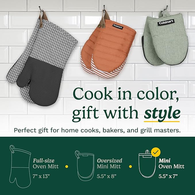 Cuisinart Mini Oven Mitts – 5.5” x 7” Heat-Resistant Kitchen Mitts for Oven with Non-Slip Neoprene Palm, Cotton Filling, and Fabric Loop – Durable Oven Mitt Set for Cooking & Baking (Indigo)