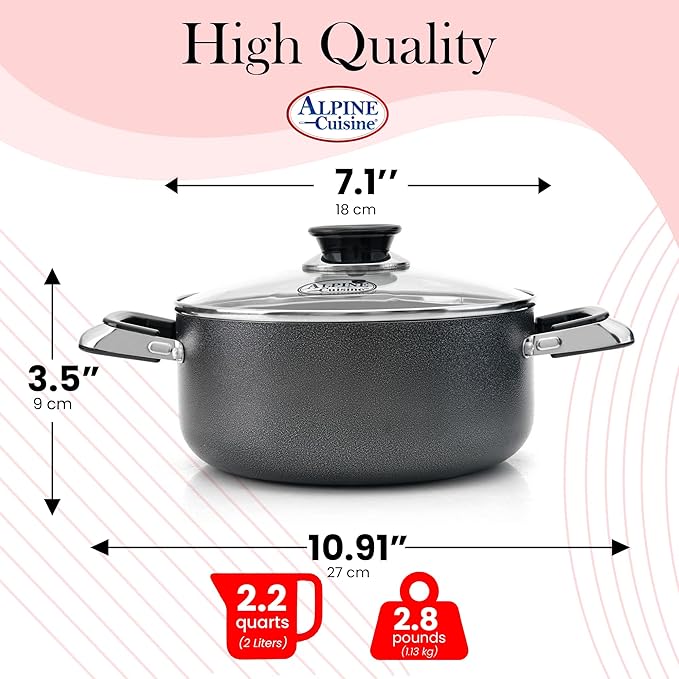 Alpine Cuisine 2.2 Quart Non-stick Stock Pot with Tempered Glass Lid and Carrying Handles, Multi-Purpose Cookware Aluminum Dutch Oven for Braising, Boiling, Stewing