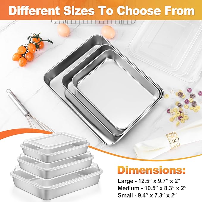 Herogo Baking Pan with Lid, 8 x 10 Inch Nonstick Rectangle Stainless Steel Cake Pan Sheet, Deep Cakes Bakeware with Lid for Brownies Casseroles, Non Toxic & Dishwasher Safe, Set of 4