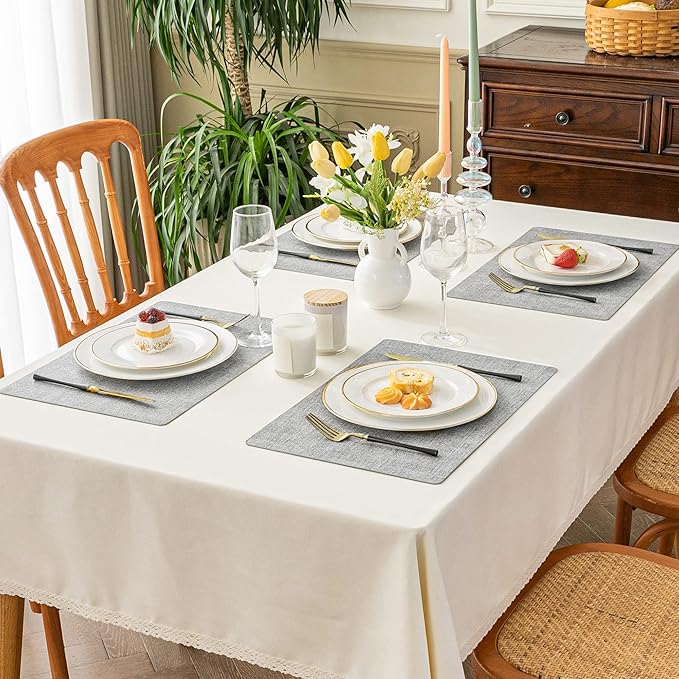 Romanstile Vinyl Placemats Set of 6-12 X 18 Inch - Heat Resistant Place Mats 100% Waterproof Oilproof Wipeable Reversible Faux Leather Table Mats for Kitchen/Dining/Party/Outdoor, Light Grey