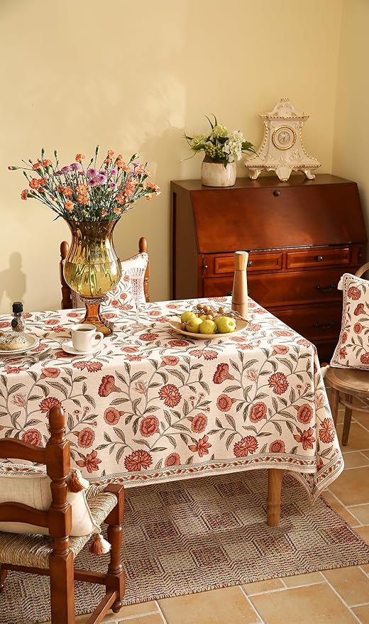 Floral Rectangular Tablecloth,Linen Table Cloth with Orange Flowers and Green Leaves Pattern,Heavy Durable Table Cover for Dining Thanksgiving Kitchen Party Banquet Christmas,67"*118"