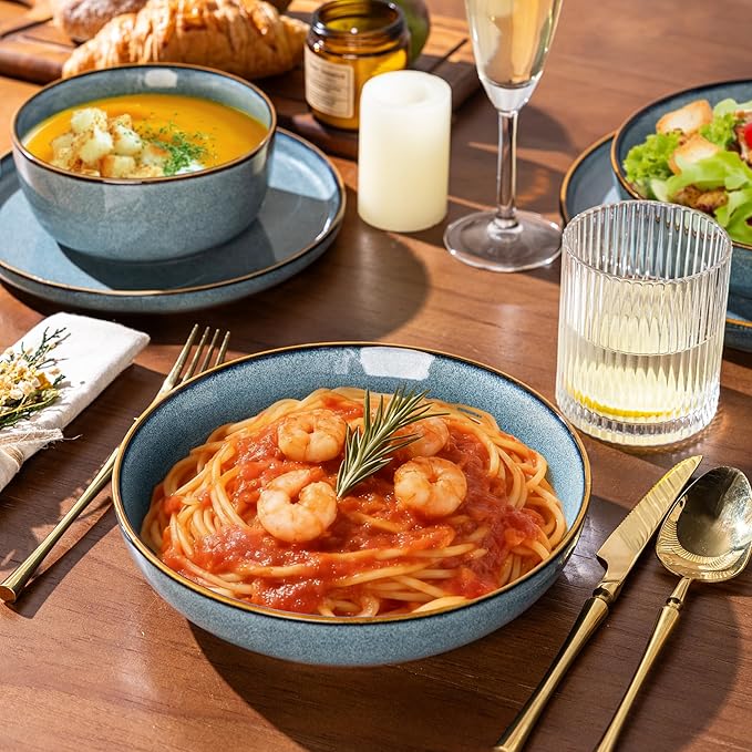 GBHOME 24 Pieces Double Bowls Ceramic Dinnerware Sets for 6, Stoneware Plates and Bowls Set with Reactive Glaze, Scratch Resistant Stoneware Dishes Set, Dishwasher & Microwave Safe