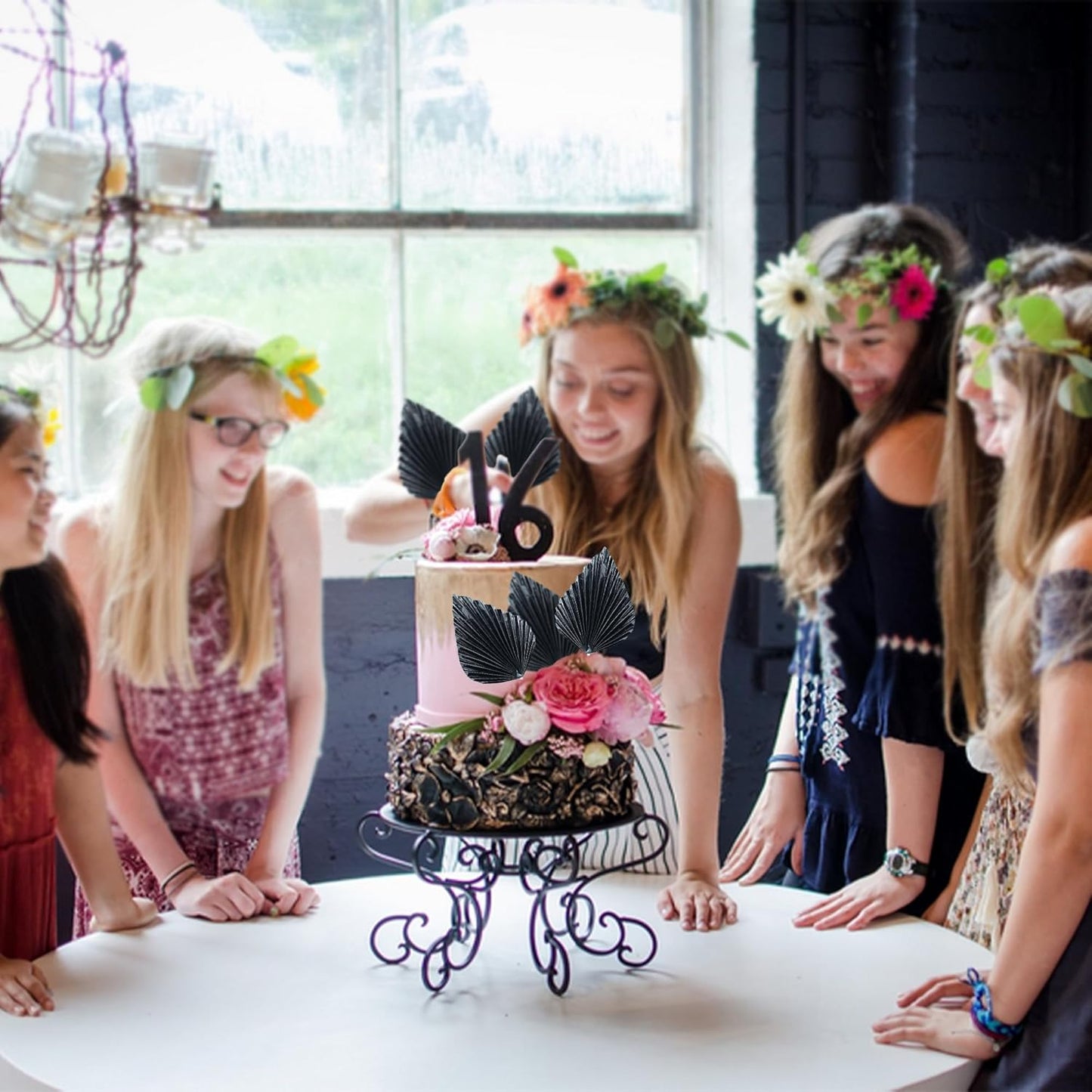 Gyufise 6Pcs Paper Palm Fan Cake Toppers Palm Spear Leaves Fan Cupcake Toppers Cake Insert Decorations Craft DIY Cake Bakeware Decoration for Birthday Party Wedding Party Decor Supplies Light Black