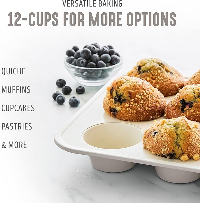 GreenLife 12-Cup Muffin Pan, Healthy Ceramic Nonstick Bakeware, PFOA & PFAS-Free Cupcake Tray, Durable Baking Pan, Versatile Kitchen Essential, Easy Clean Muffin Mold, Nonstick Baking Sheet, Taupe
