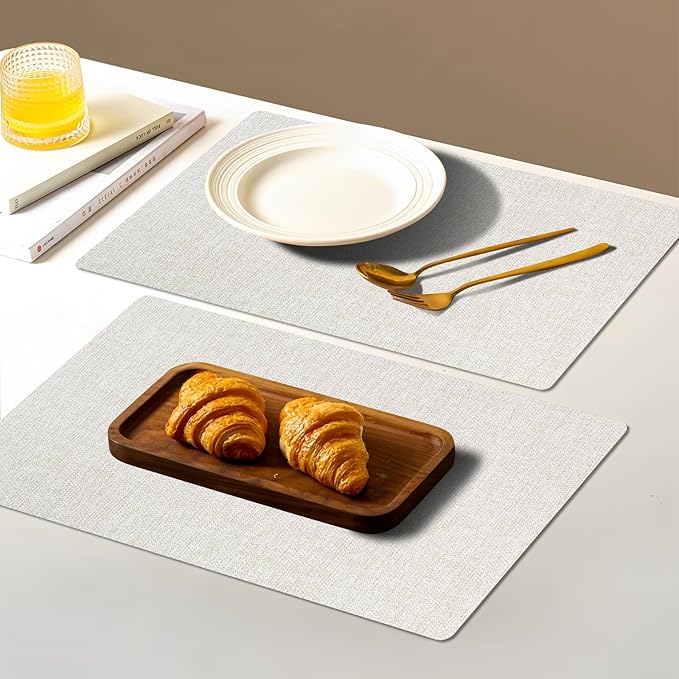 Vinyl Placemats Set of 6-12×17.7 Inch Waterproof & Heattable Placemats, Fall Faux Leather Wipeable Outdoor Table Mat for Dining, Kitchen, Indoor Outdoor Use (Beige, Wood Grain)