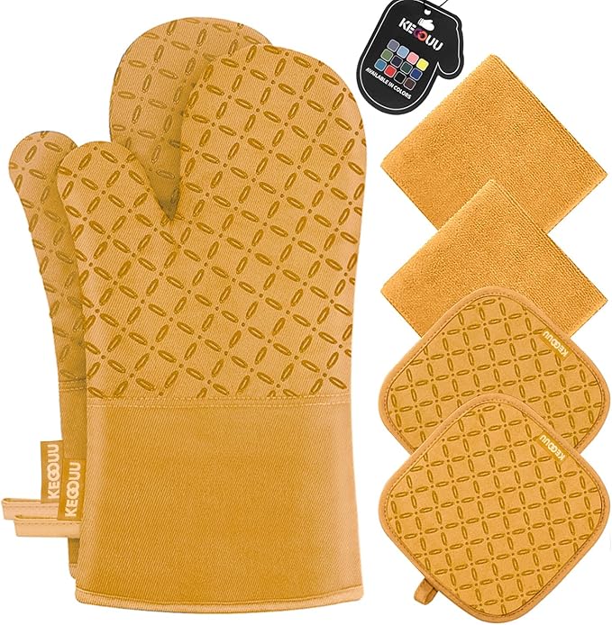 KEGOUU Oven Mitts and Pot Holders 6pcs Set, Kitchen Oven Glove High Heat Resistant 500 Degree Extra Long Oven Mitts and Potholder with Non-Slip Silicone Surface for Cooking （Orange）