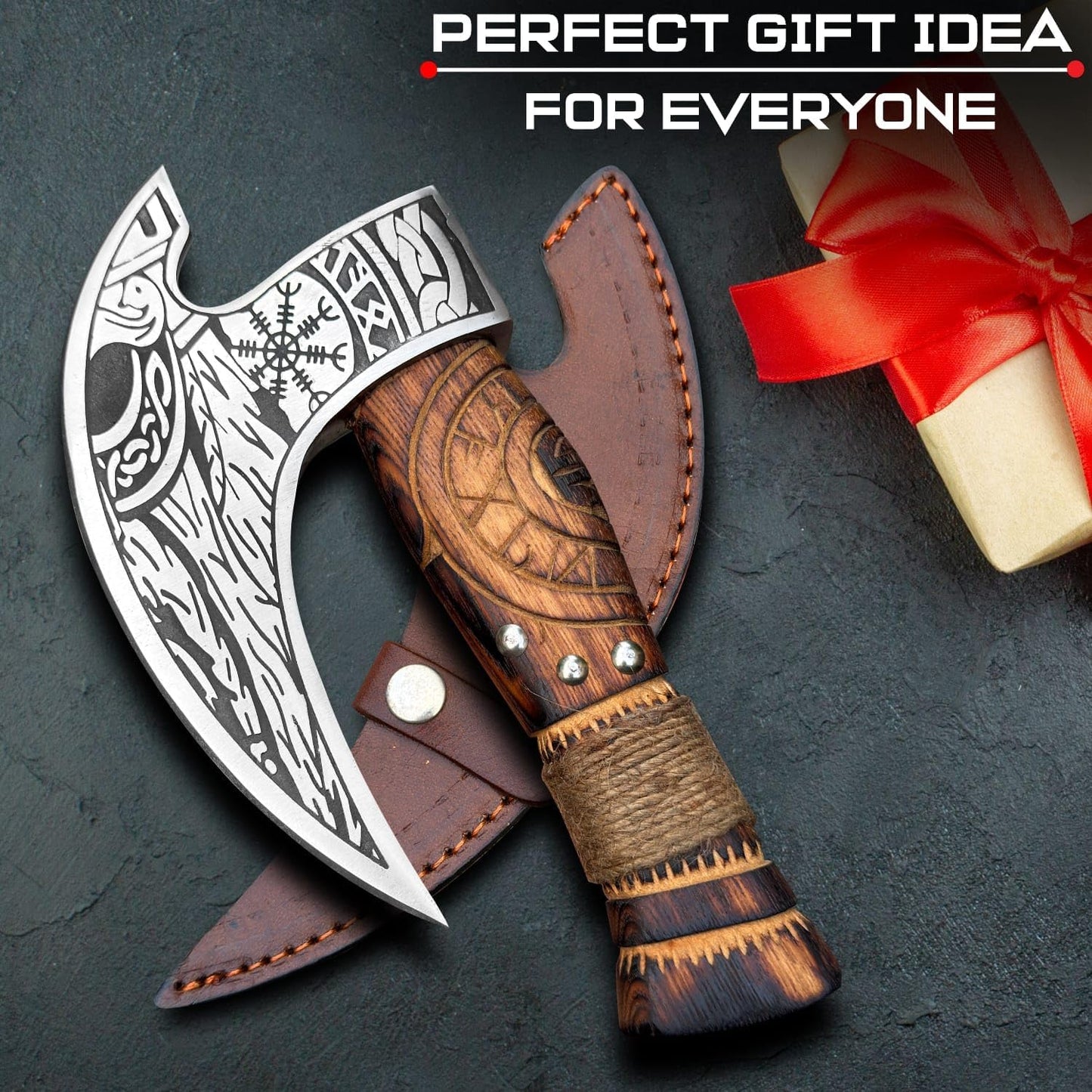 Viking Style Pizza Cutter – Handmade Ulu Rocker Knife with Engraved Norse Blade – Wooden Handle with Cord Wrap – Includes Leather Sheath