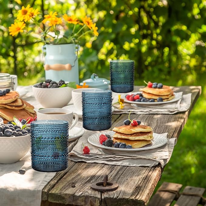 YOUBET 24PCS Plastic Hobnail Drinking Glasses - 14 Oz Blue Vintage Glasses Drinkware - Disposable Beaded Cups for Juice, Wine, Party