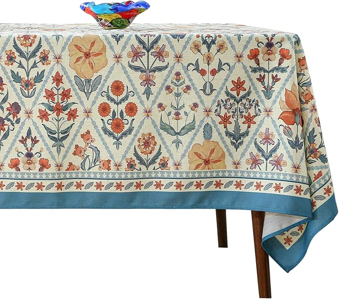 French Tablecloth for Rectangle Tables,Linen Table Cloth with Colorful Flowers and Leaves Pattern,Heavy Durable Soft Table Cover for Dining Kitchen Decor Party Christmas,63"*94"
