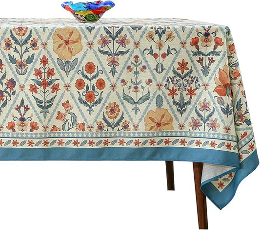 French Tablecloth for Rectangle Tables,Linen Table Cloth with Colorful Flowers and Leaves Pattern,Heavy Durable Soft Table Cover for Dining Kitchen Decor Party Christmas,63"*94"
