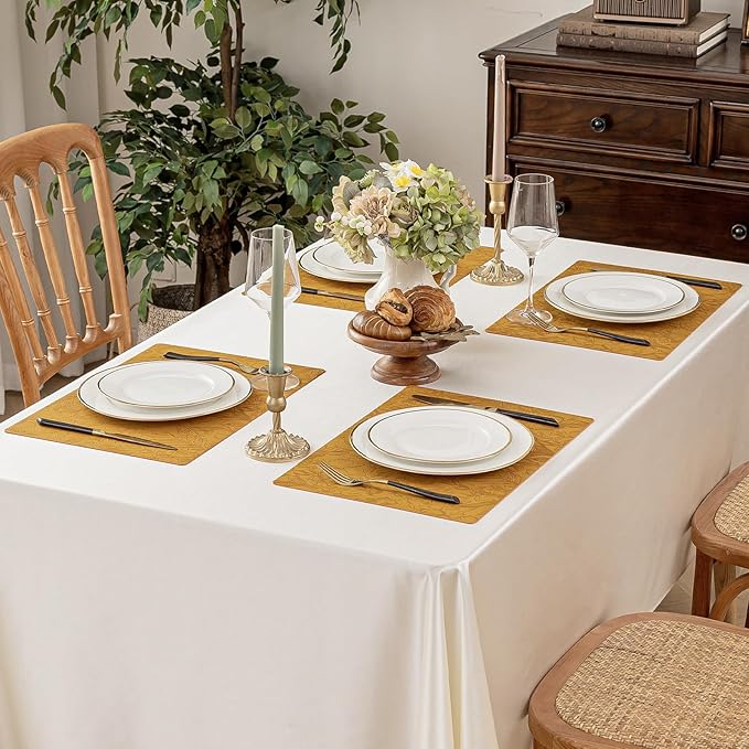 Romanstile Vinyl Placemats Set of 8-12 X 18 Inch - Heat Resistant Non-Slip Embossed Floral Place Mats 100% Waterproof Oilproof Wipeable Faux Leather Table Mats for Kitchen/Dining/Party, Gold