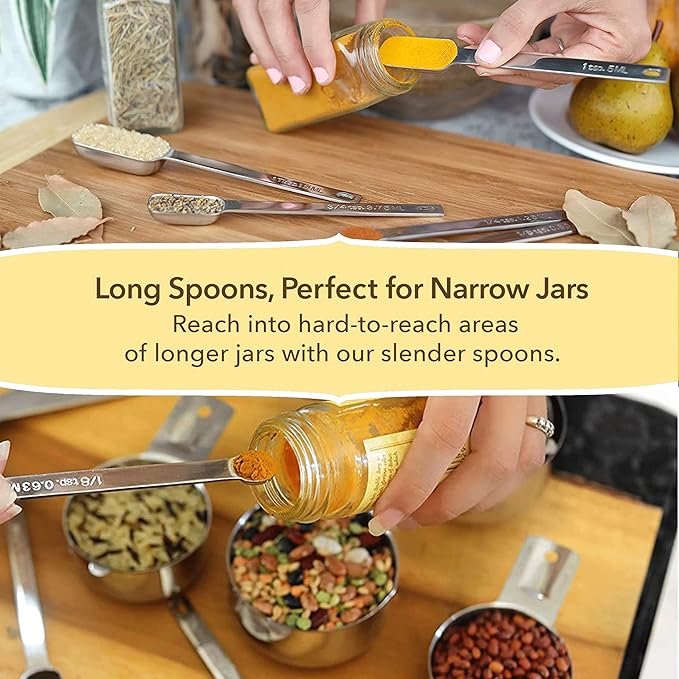 Simply Gourmet Measuring Cups and Spoons Set of 12 – 18/10 Stainless Steel Kitchen Gadgets – Stackable Design with Long Handle Spoons – Fits in Jars – Cooking & Baking Measuring Set for Dry & Liquid